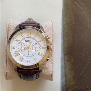 Gold and white fossil watch brown leather band